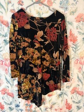 Vintage Black Velvet Floral Asymmetric Top with Red & Gold Blooms